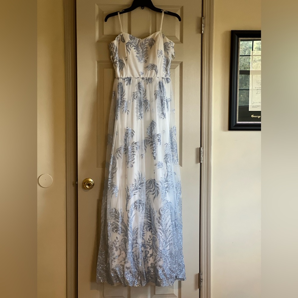 Elegant white gown with lace overlay and intricate beading.  Free shipping!